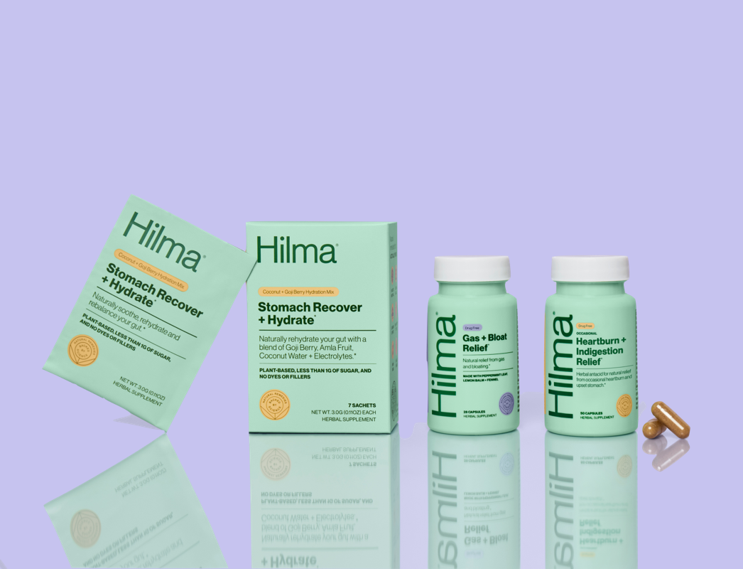 One green box and two green bottles: Stomach Recover + Hydrate, Gas + Bloat Relief, and Occasional Heartburn + Indigestion Relief