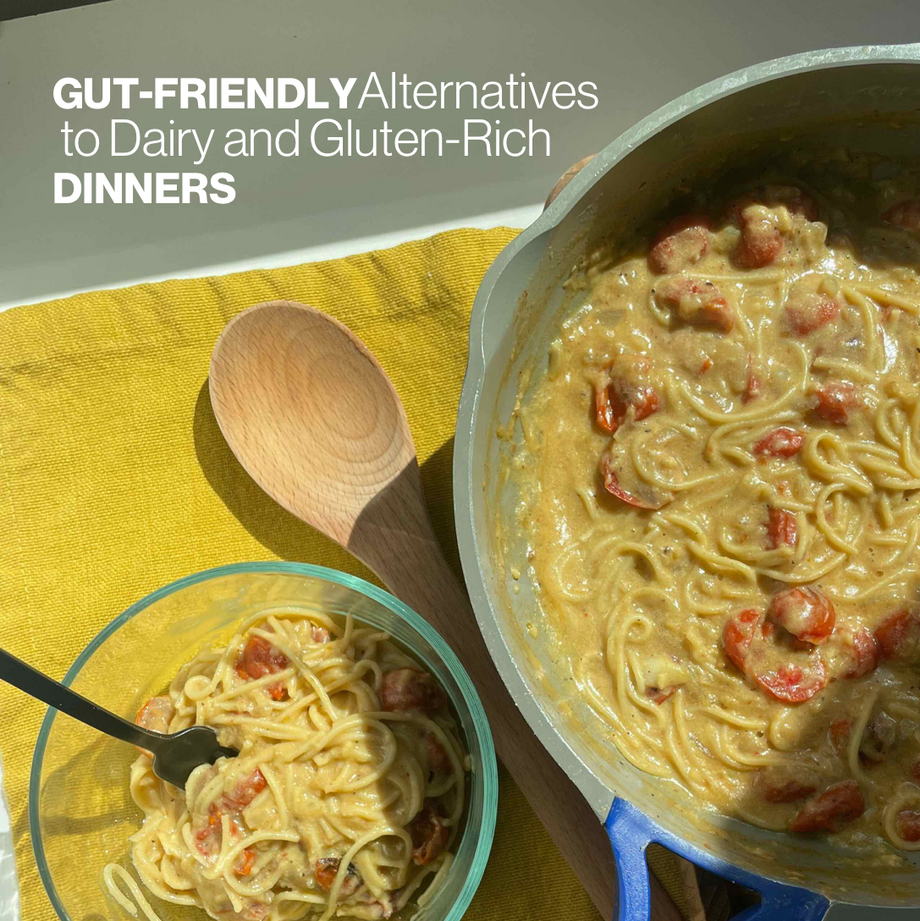Gut-Friendly Alternatives to Dairy and Gluten-Rich Dinners, pasta with sauce and tomatoes in bowl and pot