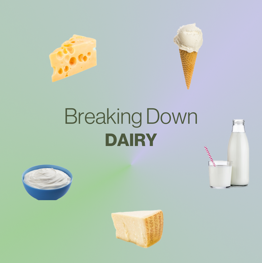 Breaking Down Dairy: icons of swiss cheese, ice cream cone, milk in a glass, parmesan cheese, and yogurt in a bowl
