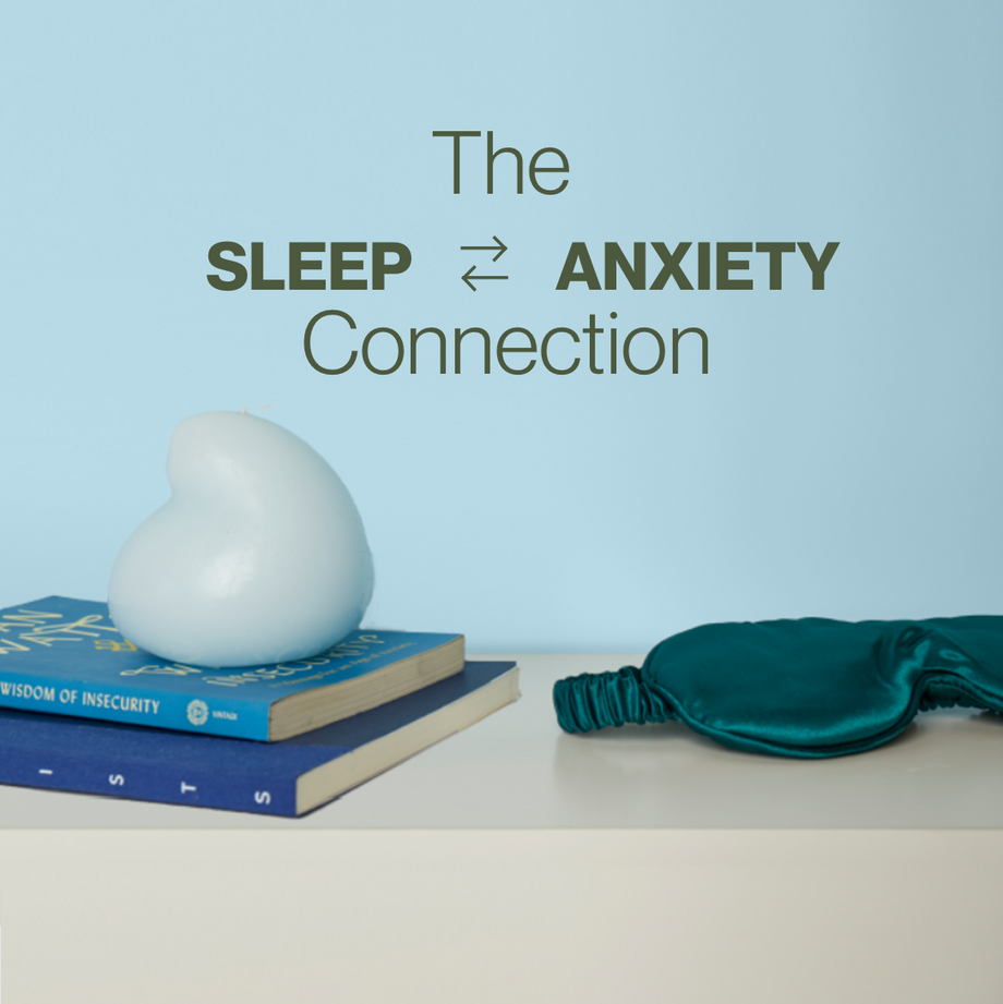 The Sleep Anxiety Connection, stack of books with blue candle and blue sleep mask
