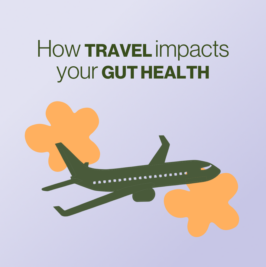 how travel impacts your gut health, airplane illustration with cloud illustrations