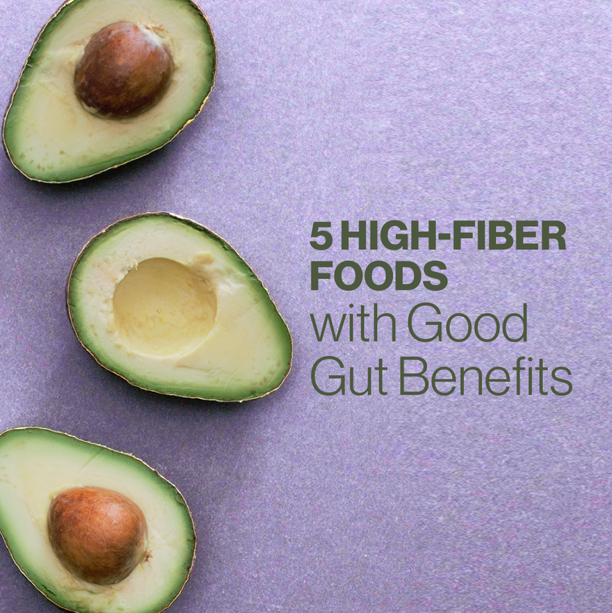 5 High Fiber Foods with Good Gut Benefits, avocados on purple background