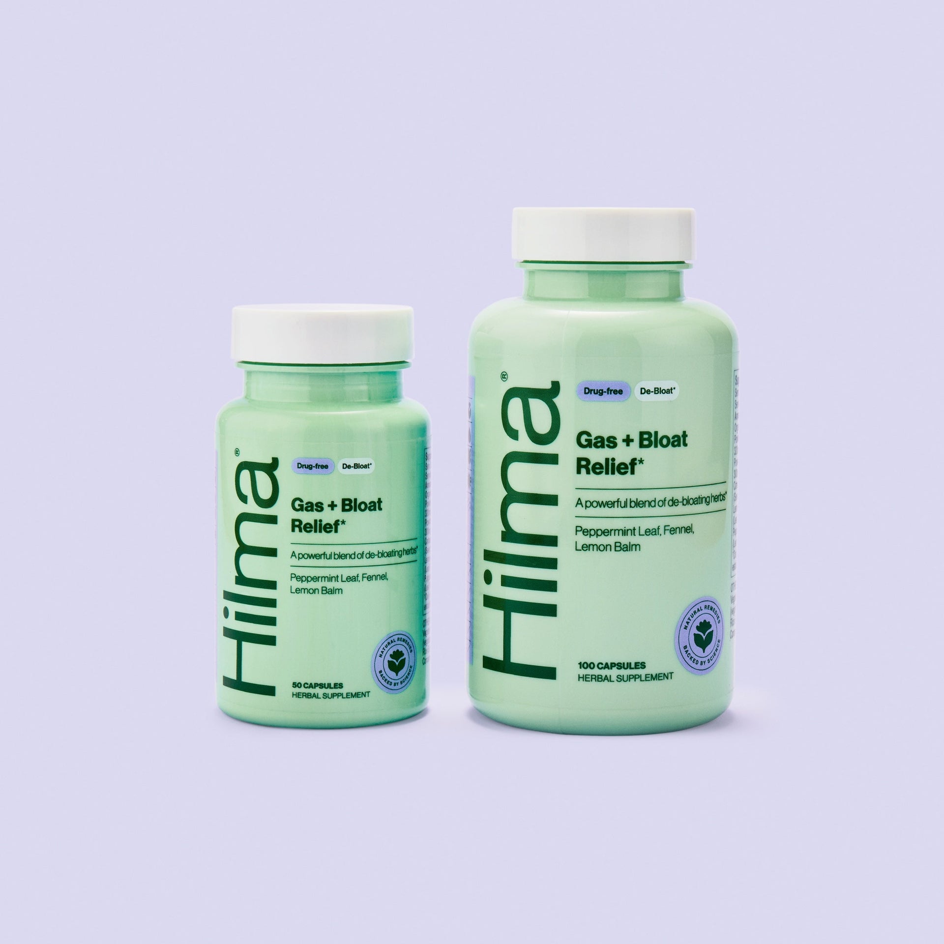 Two bottles of Hilma Gas + Bloat Relief, one 50 count and one 100 ct - new