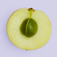 Amla fruit cut halfway open, on purple background 