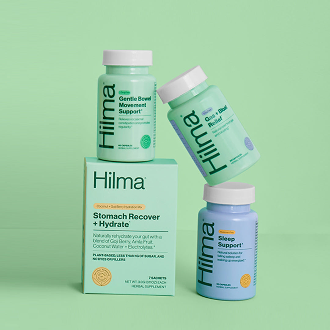 Gas + Bloat Relief, Sleep Support, Gentle Bowel Movement Support, and Stomach Recover + Hydrate stacked together on a green background