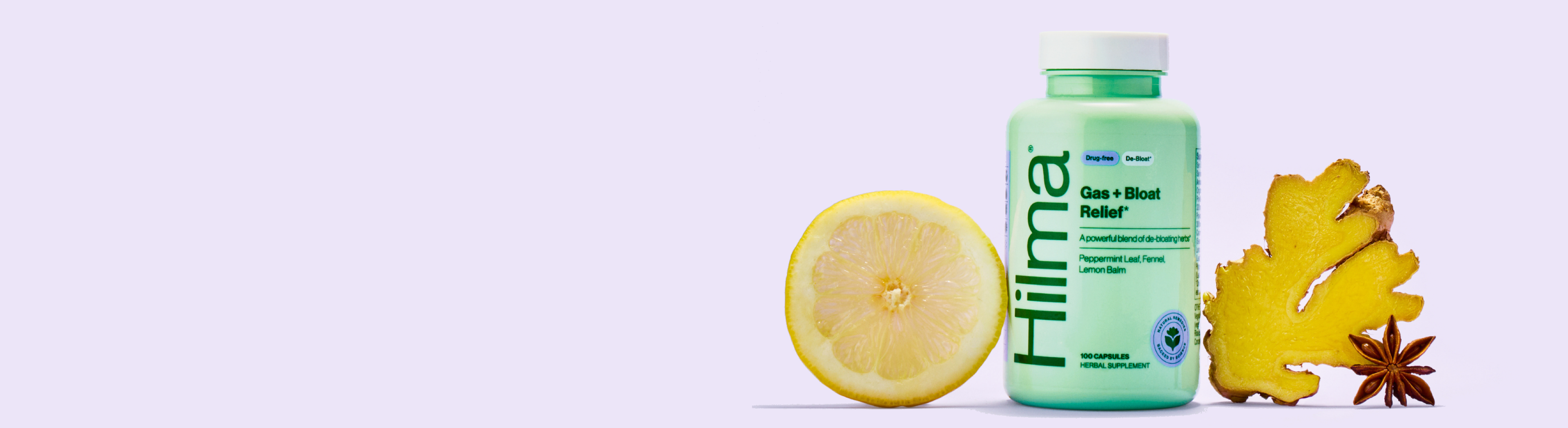 Hilma supplement bottle with a lemon and star anise on a light purple background